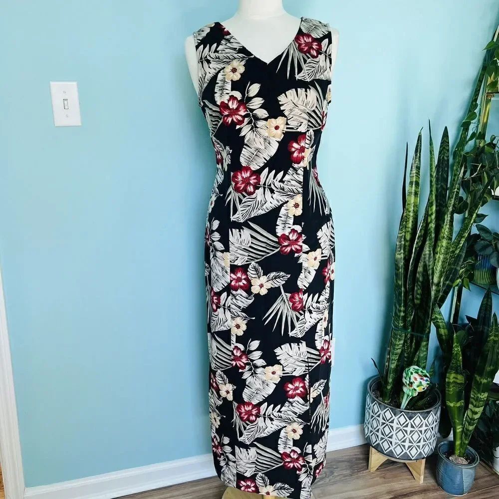 90's Kathy Lee Sz M 8-10 Black Red White Floral Flower Maxi Dress Sleeveless 771